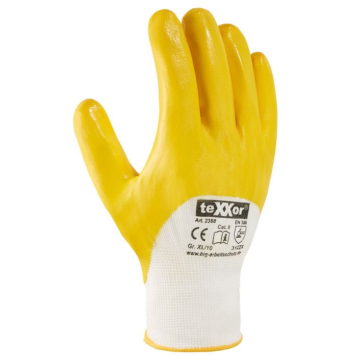 Texxor 2356 Nitril-Handschuhe 12 Paar Gr 7-11 Gelb teilbeschichtet Strickbund 